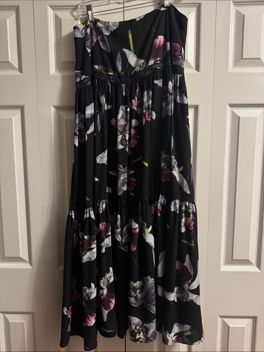 Black Floral Maxi Skirt with Pink and White Blooms - Effortless Feminine Style